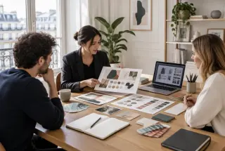 Trois professionnels travaillent sur une identité de marque autour de planches graphiques dans un studio parisien lumineux.