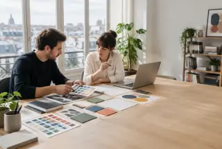 Deux designers comparent des échantillons de couleurs et des maquettes dans un studio de design lumineux à Paris.
